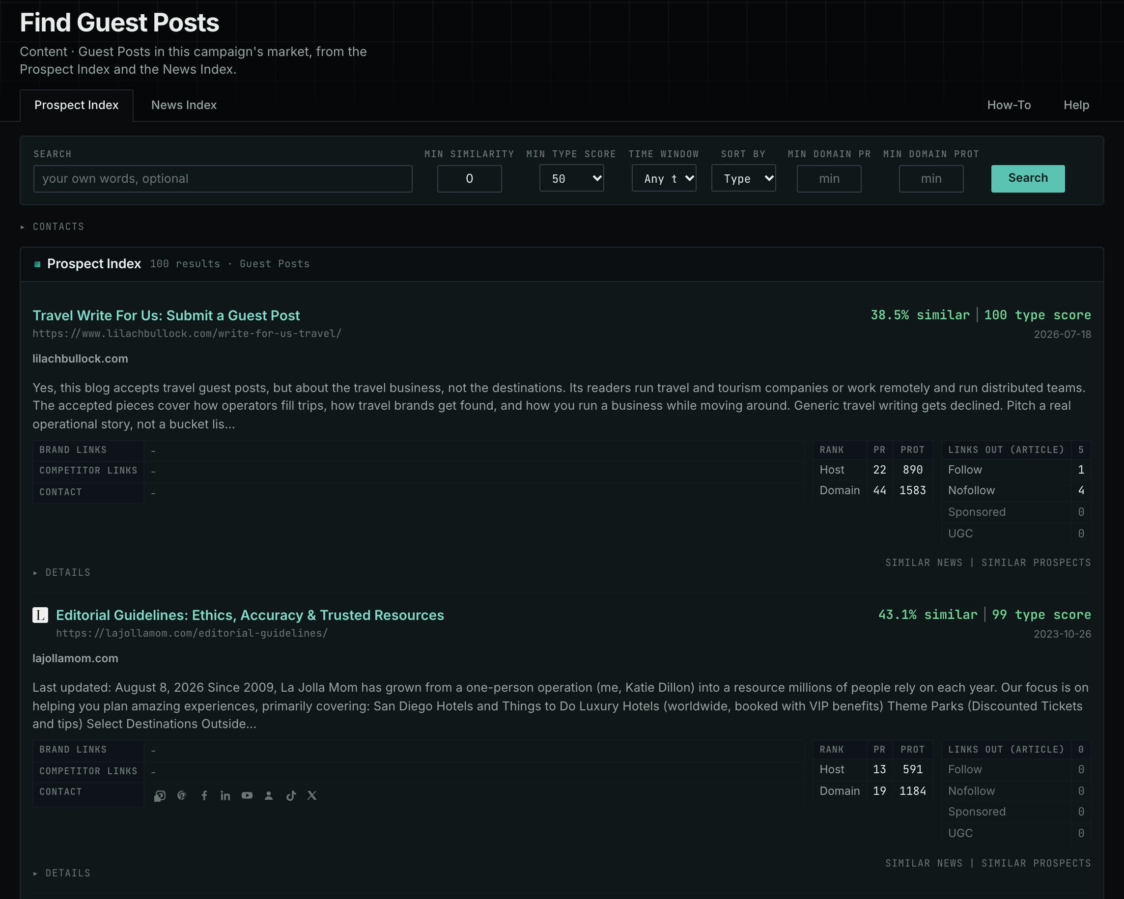 Guest Posts, one of the opportunity types: pages ranked by how similar they are to the campaign