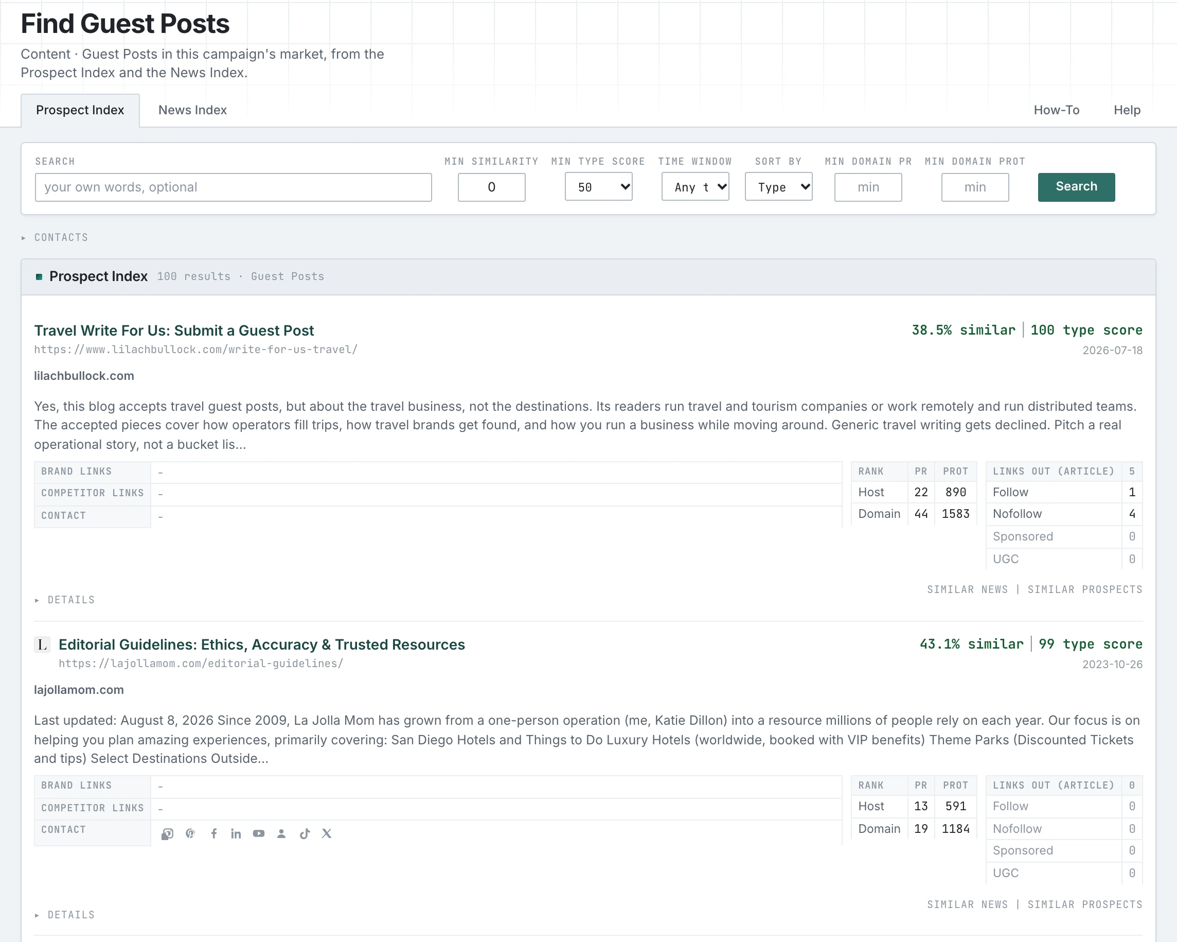 Guest Posts, one of the opportunity types: pages ranked by how similar they are to the campaign
