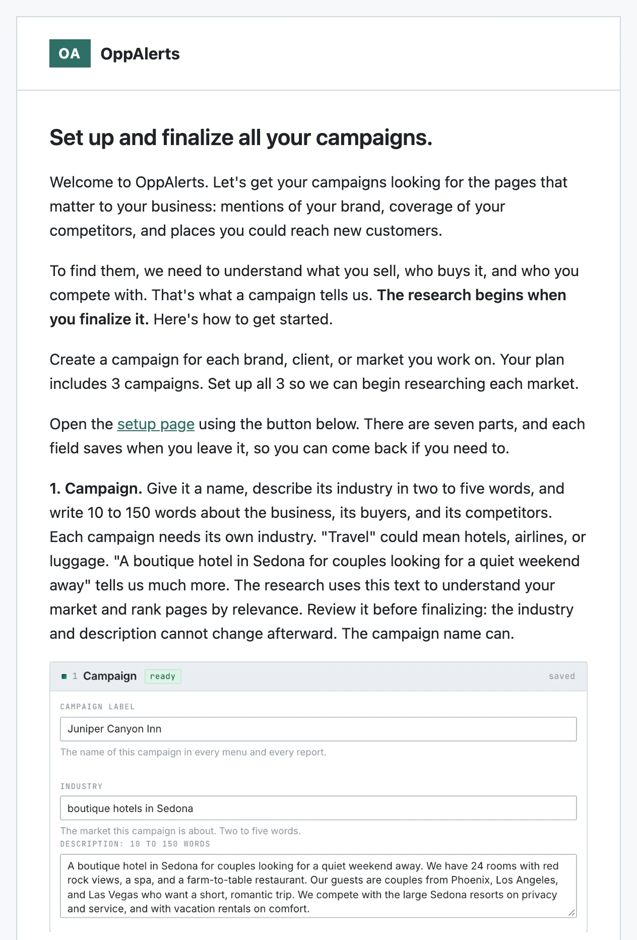 The first onboarding email: how to set up and finalize a campaign, with a screenshot of each step