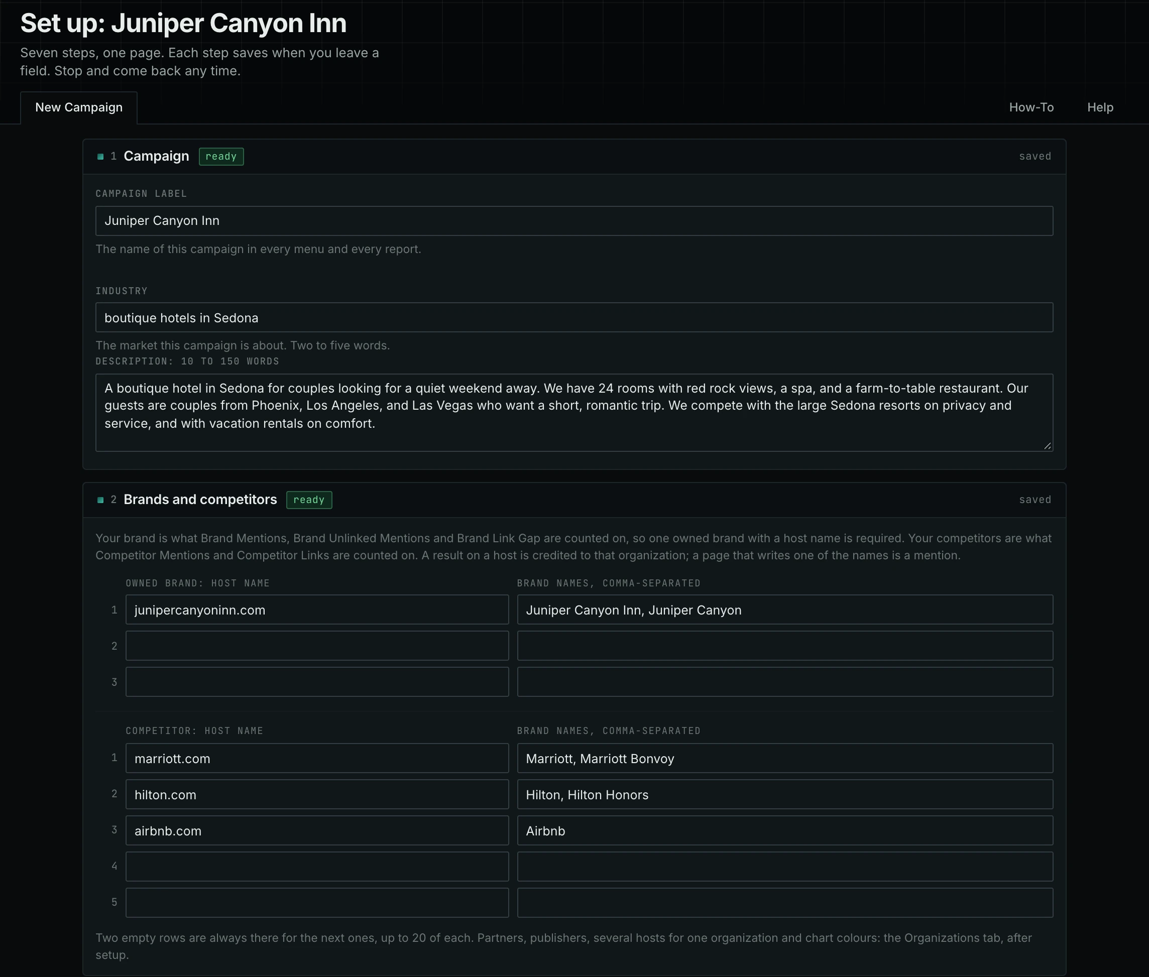 The campaign setup page: the campaign, its industry and description, the brand and its competitors