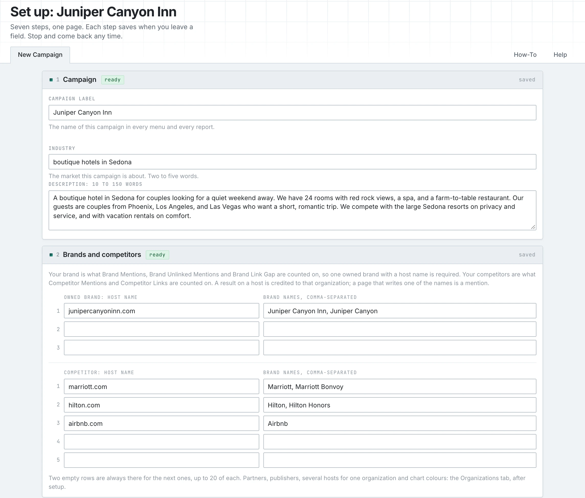 The campaign setup page: the campaign, its industry and description, the brand and its competitors