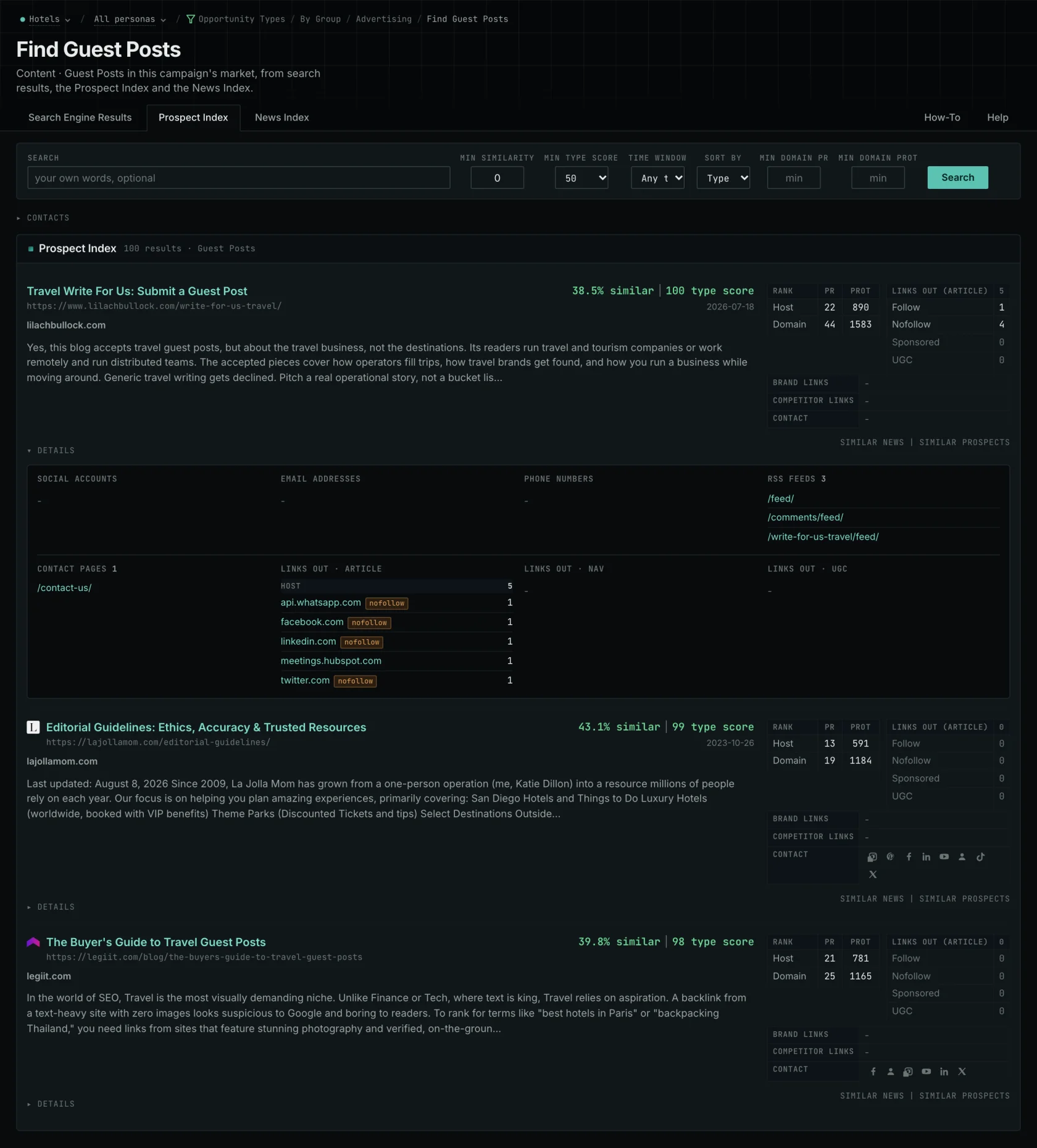 Prospect Index results for guest posts, the first result with its details open