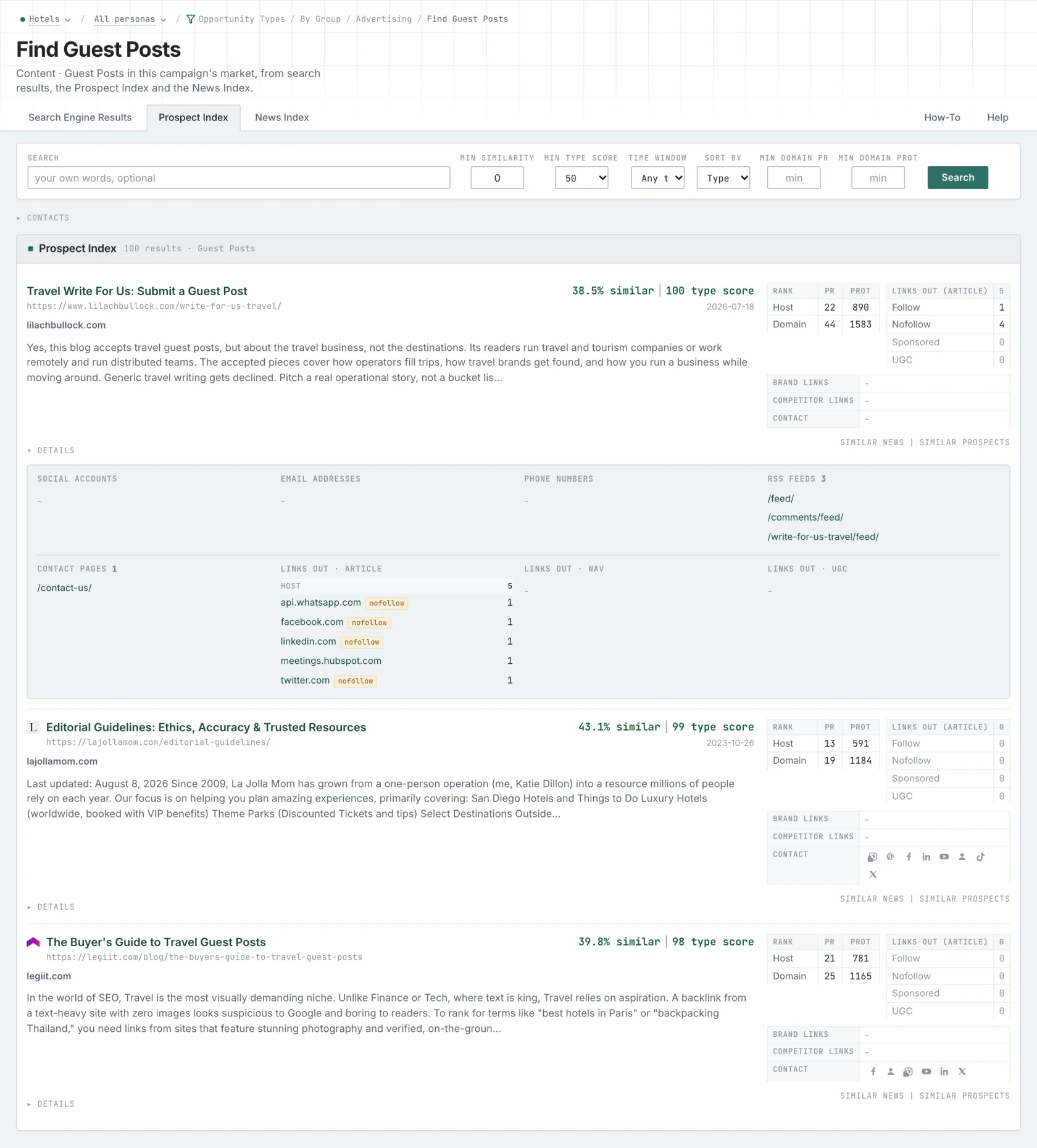 Prospect Index results for guest posts, the first result with its details open