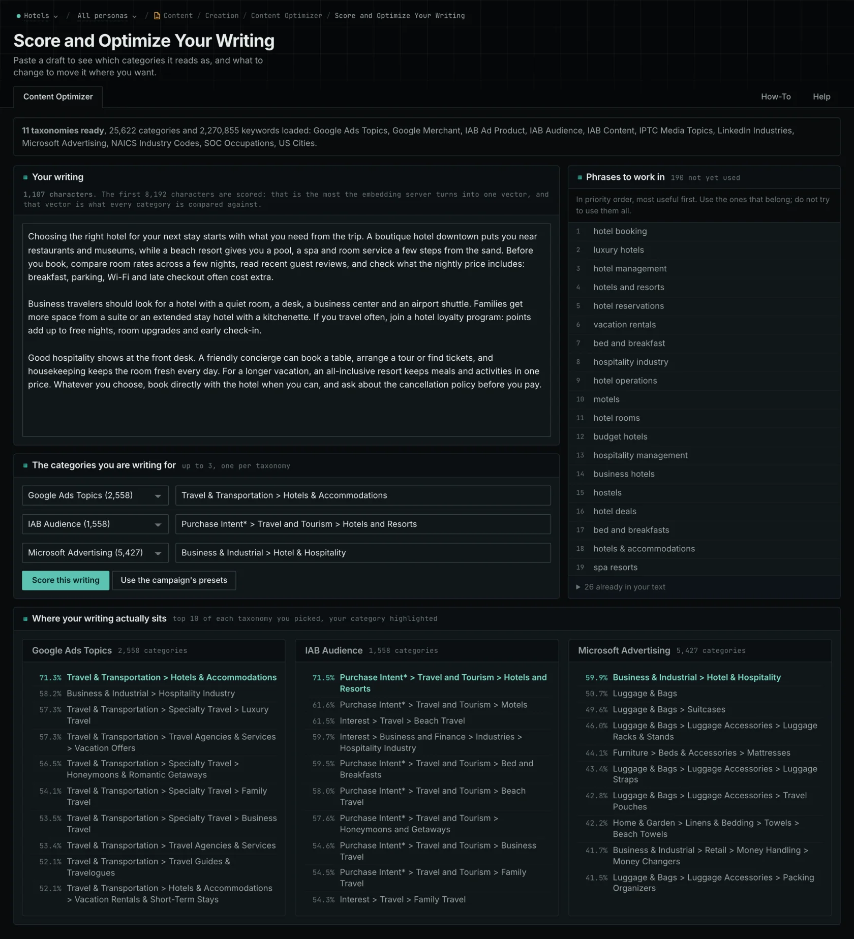 The content optimizer: a hotel draft scored for similarity to three hotel categories, with suggested phrases