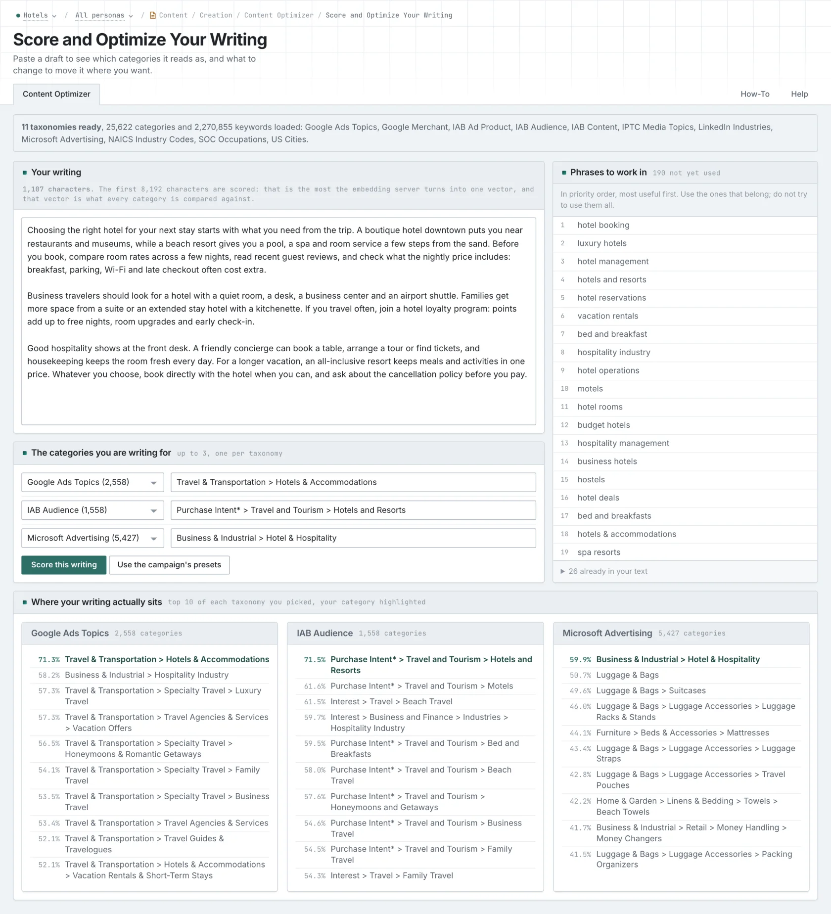 The content optimizer: a hotel draft scored for similarity to three hotel categories, with suggested phrases