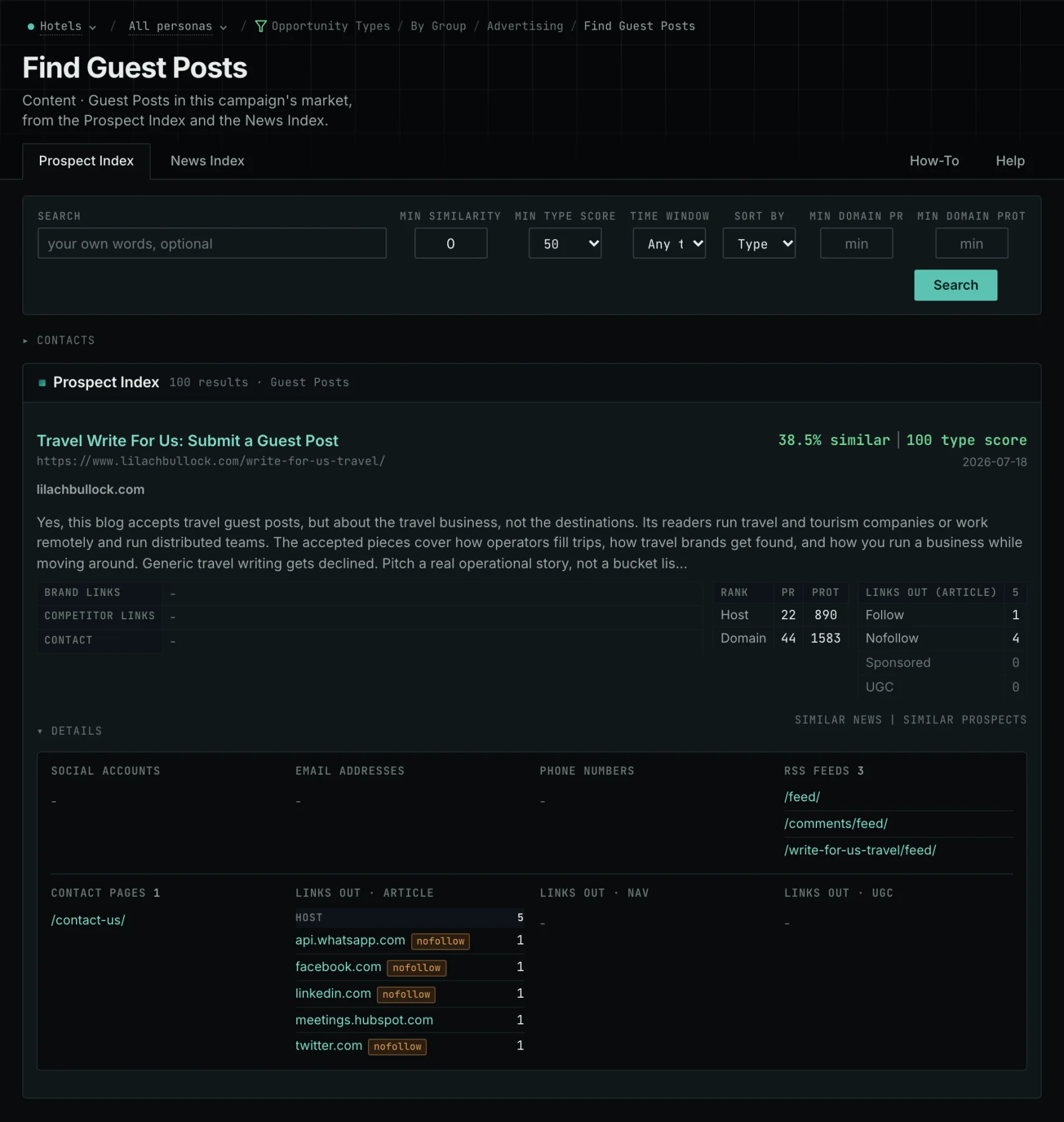 A travel guest post opportunity with relevance scores, PageRank, outgoing links and publisher contact details.