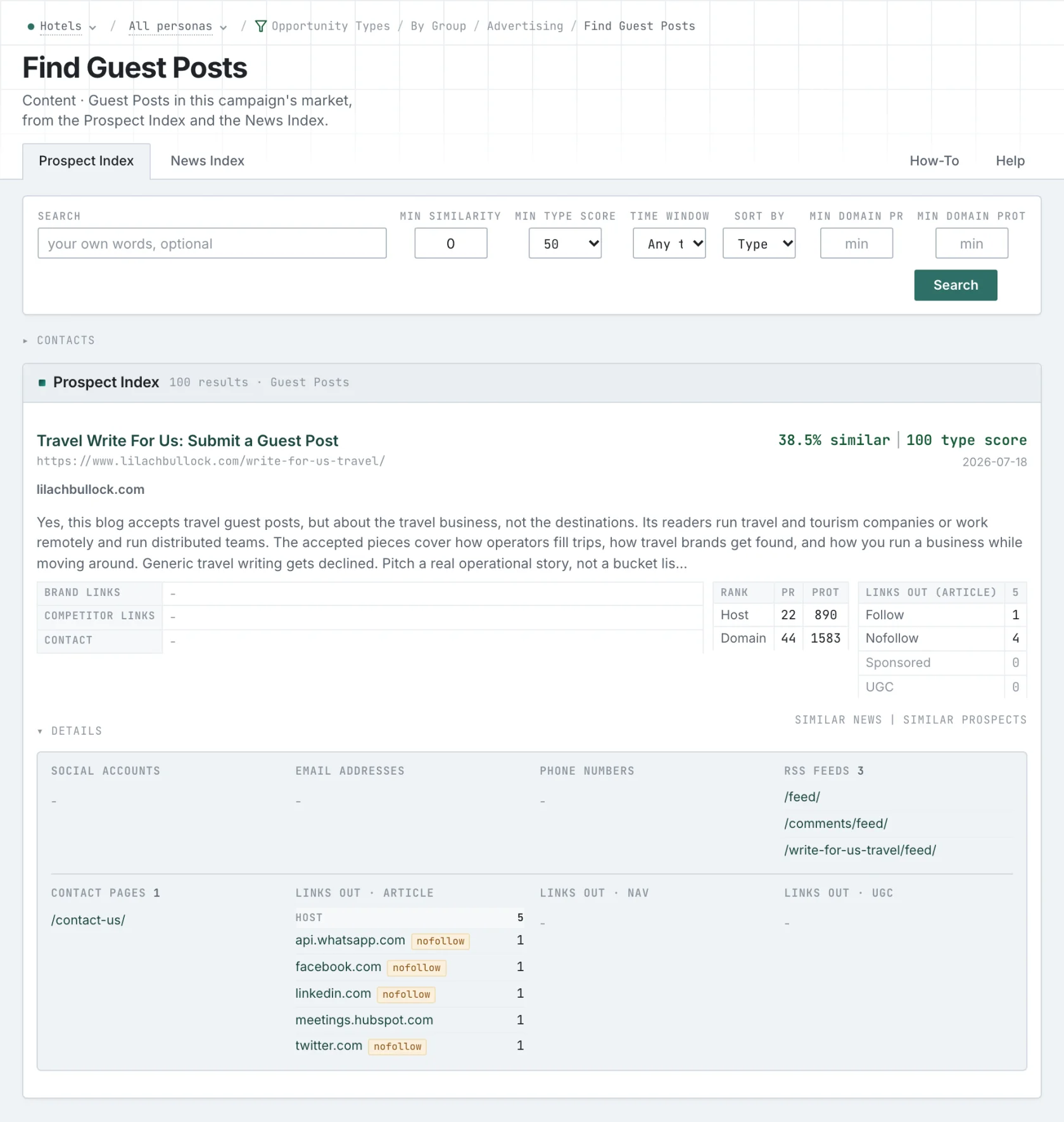 A travel guest post opportunity with relevance scores, PageRank, outgoing links and publisher contact details.