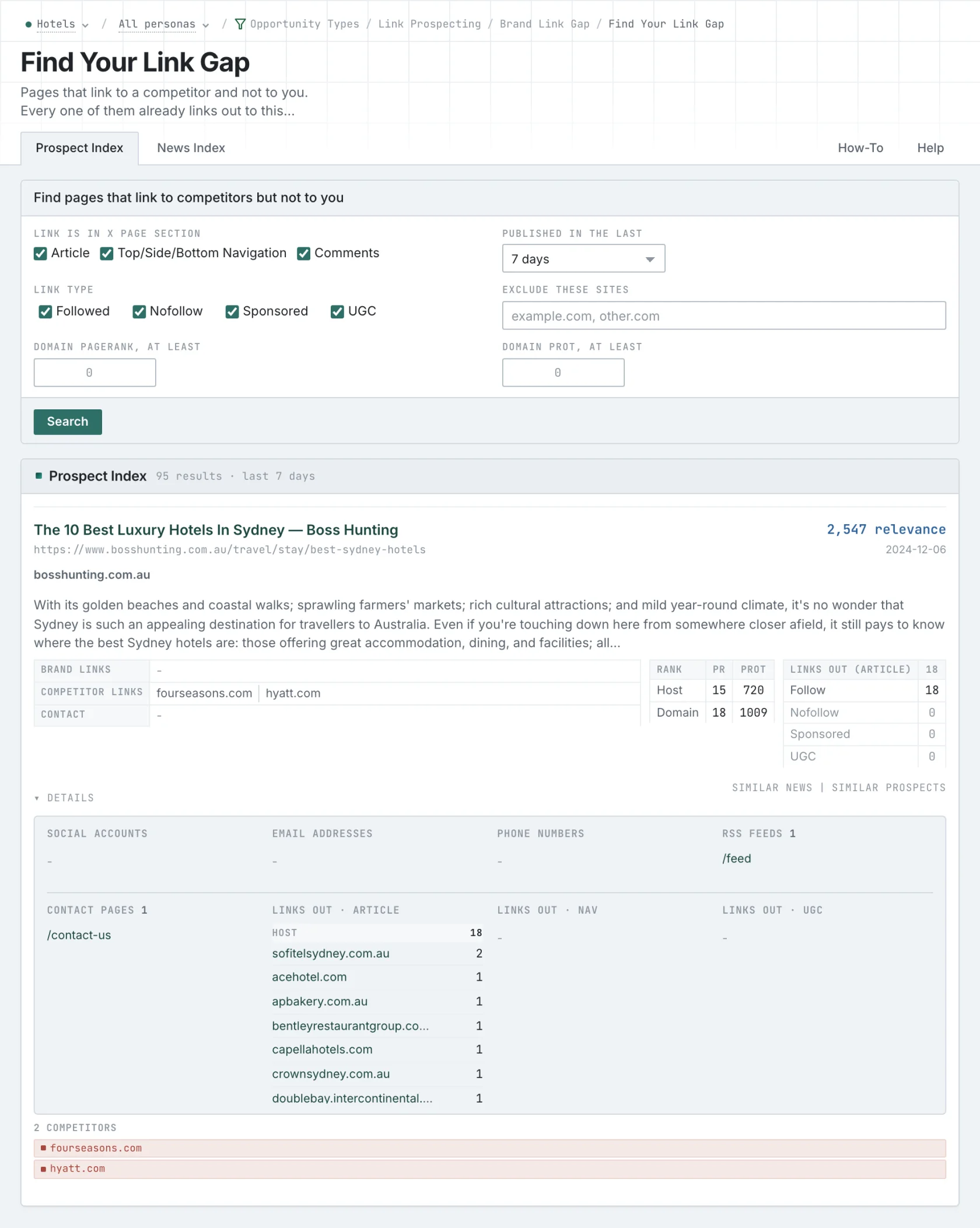 A luxury hotel guide in the link gap results, showing links to Four Seasons and Hyatt, PageRank scores and publisher contact details.