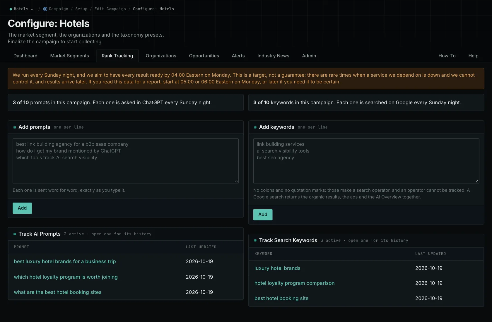 The Rank Tracking tab: tracked keywords and prompts with their providers and schedule.