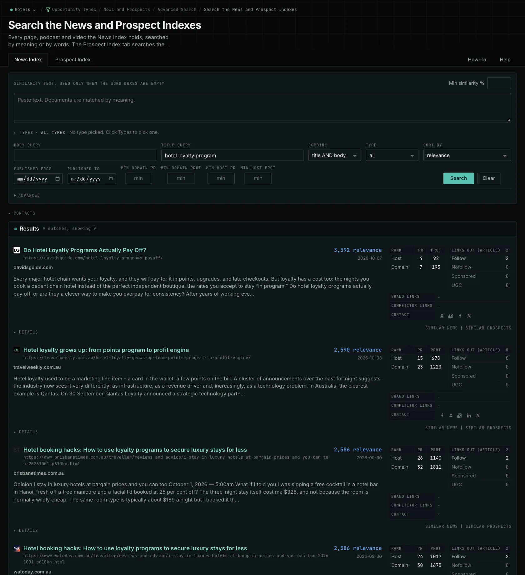 News Index results for a research query.