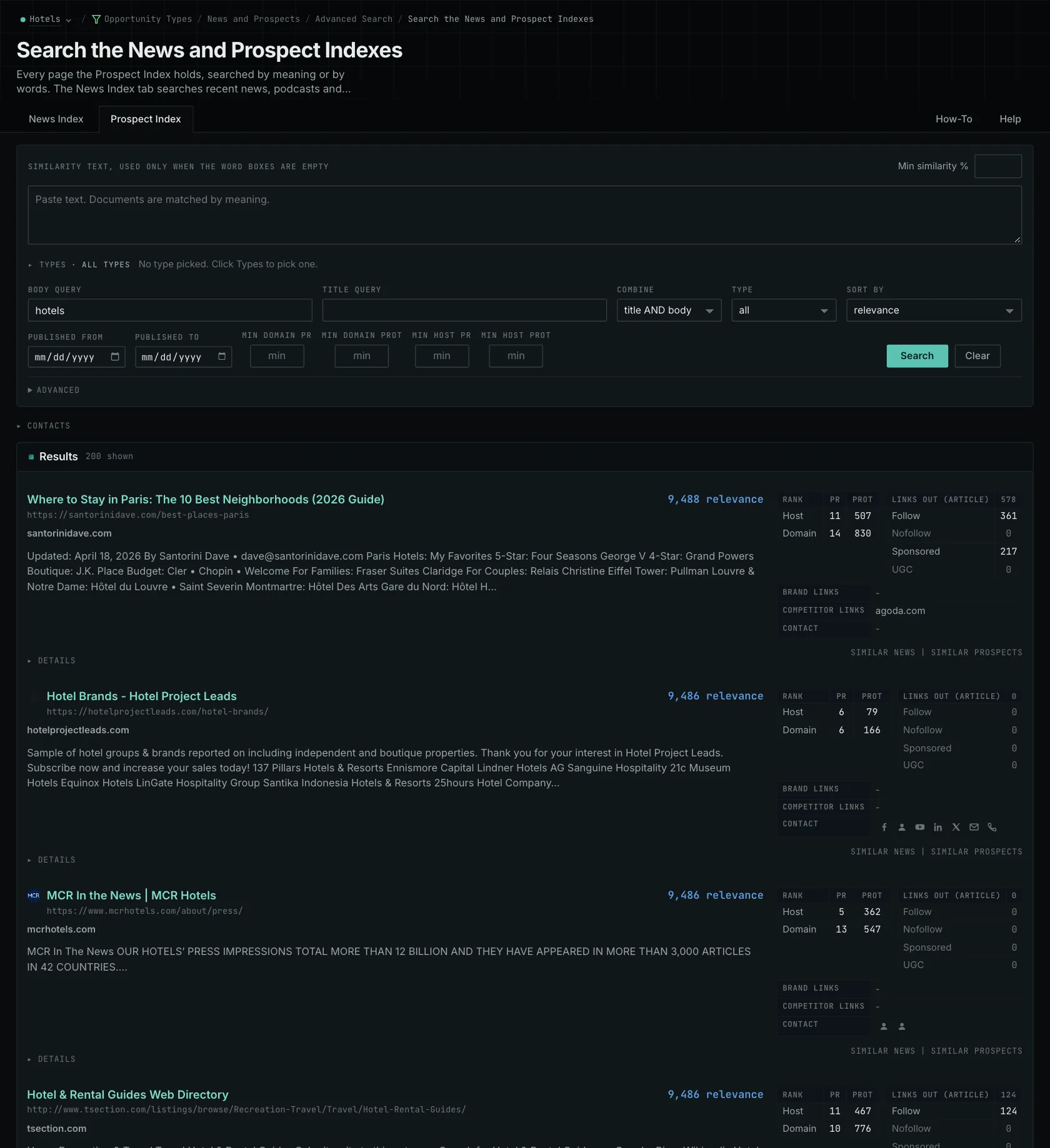 Prospect Index results for a research query.