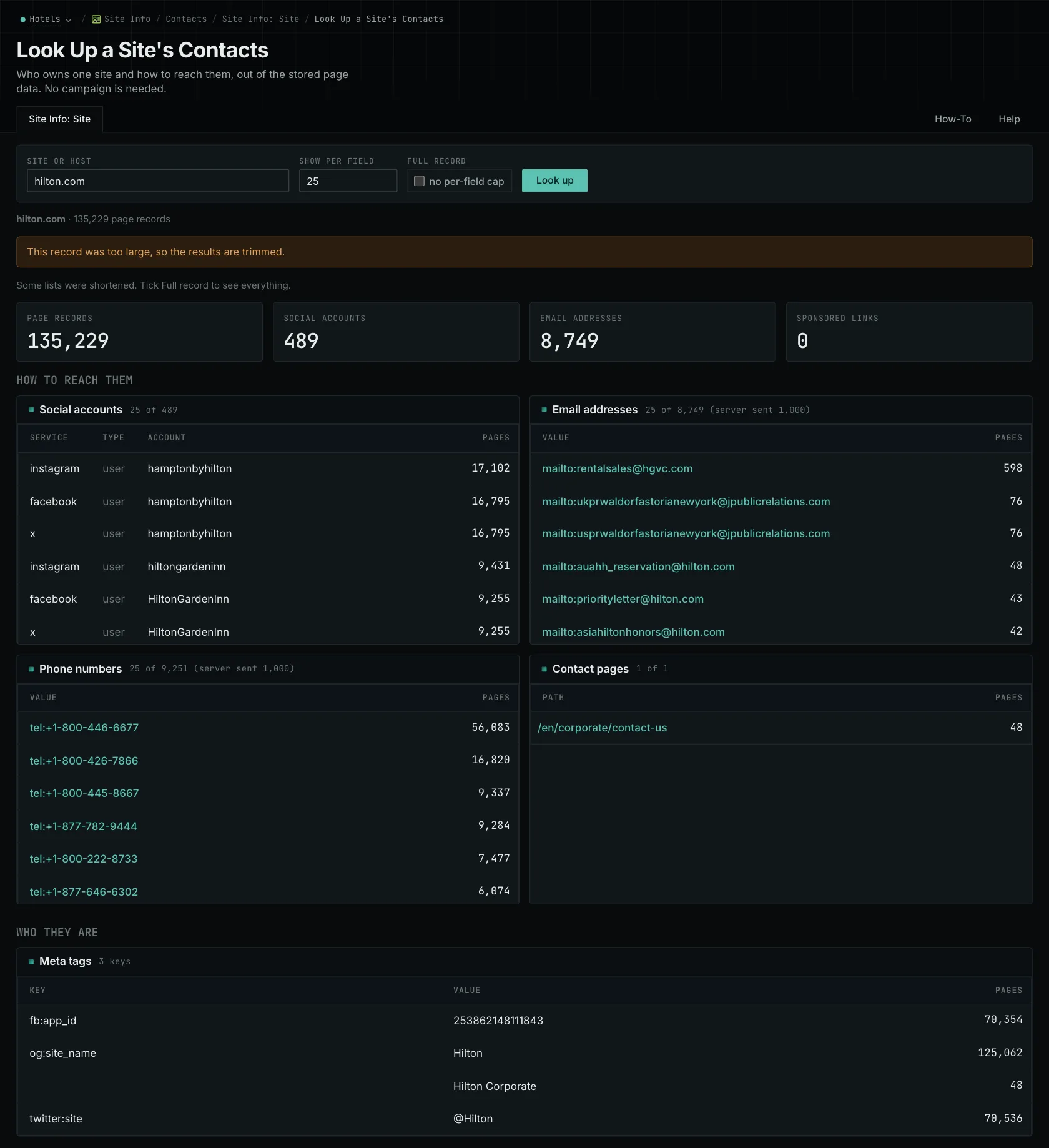 Published contact routes stored for a prospect site.