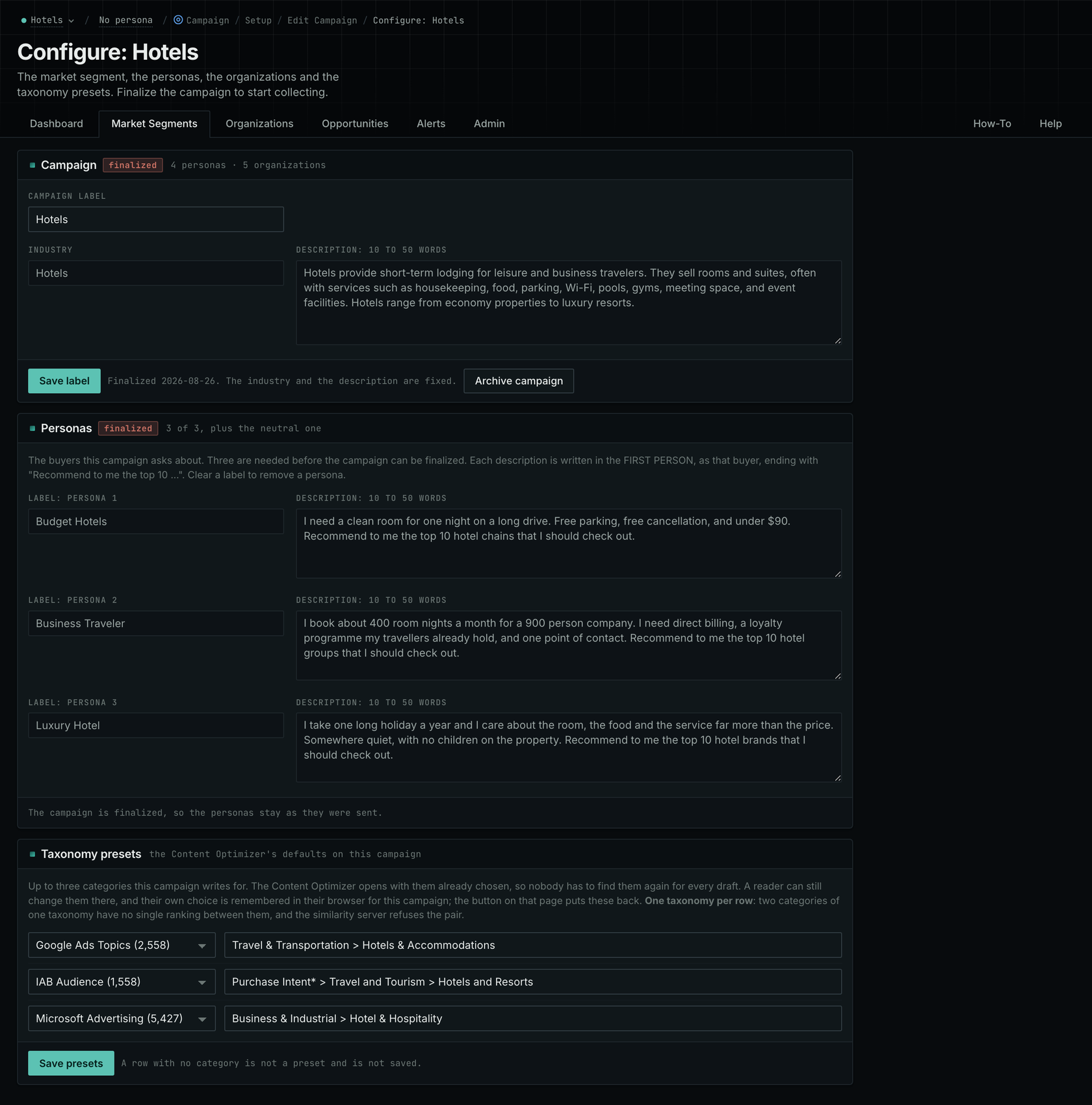 Edit Campaign, the Market Segments tab, in the OppAlerts application.